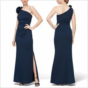 SLNY One Shoulder Flower Detail Ruched Waist Long Sheath Dress Gown Navy NWT 10